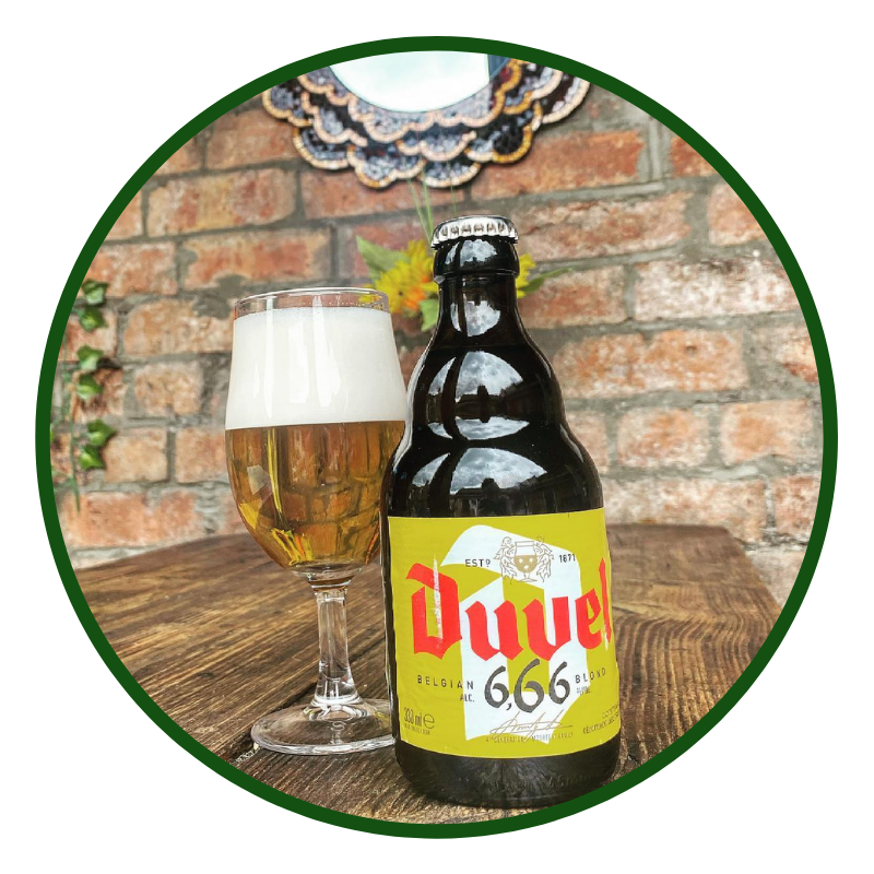 Image shows a bottle and glass of Duvel Belgian blond ale